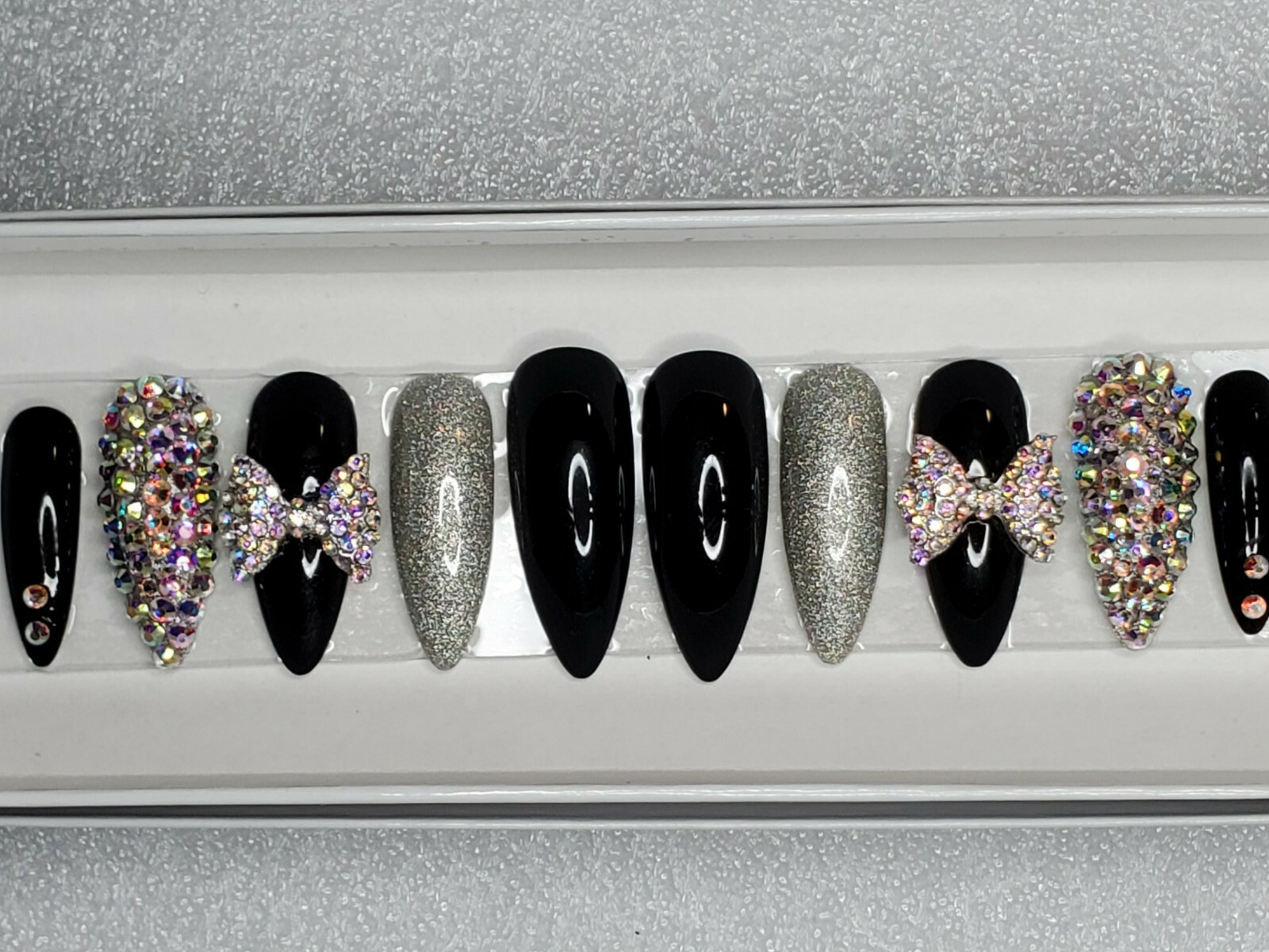 Black holographic glitter bling press on nails holo diamond crystal stiletto