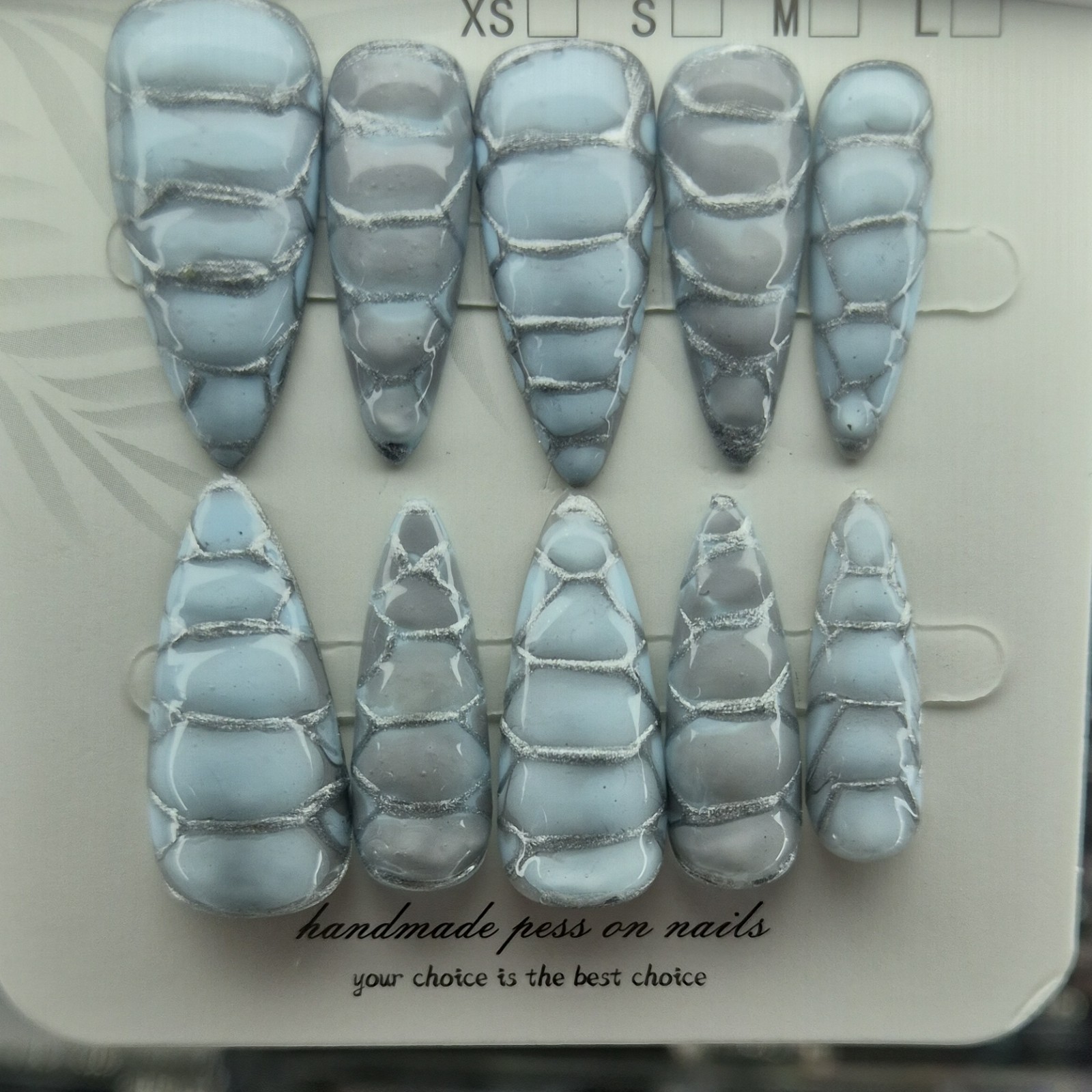 Blue Gray Shiny Marble Almond Press-On Nails Long Handmade Set