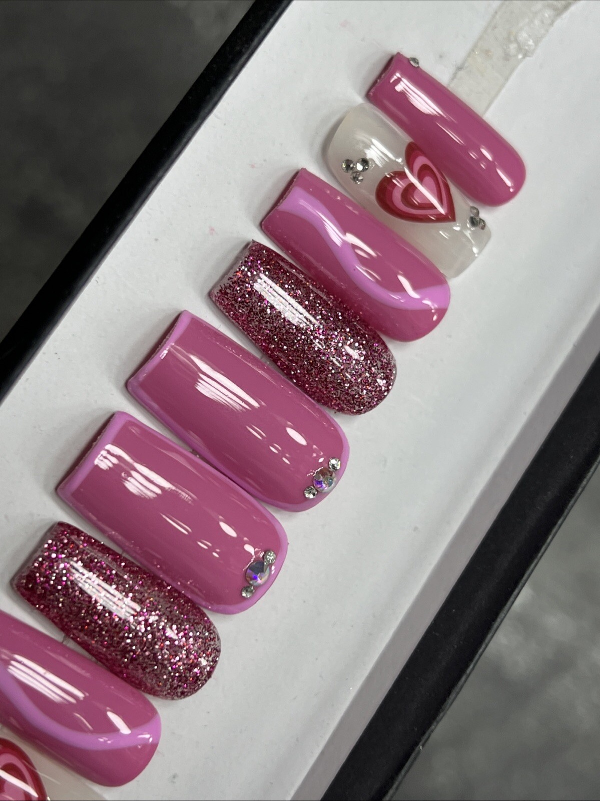 🤍 CUSTOM Hard Gel Press On Nails, Flower Pink Nude BLING 10p FULL SET W Kit