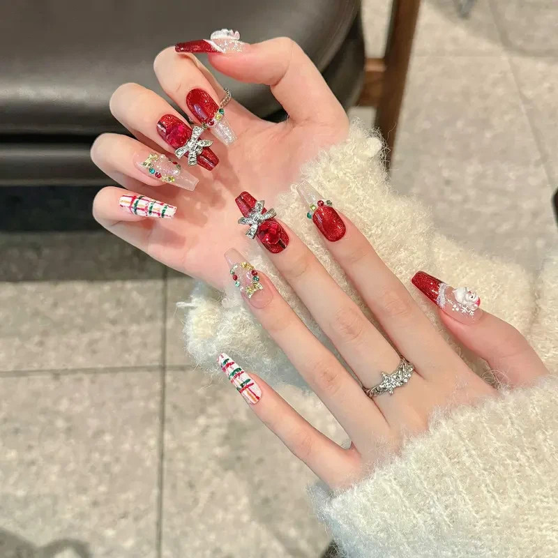 Christmas Style Elegant Press on Nails Red Green Shiny Diamond Bell Snowflake De