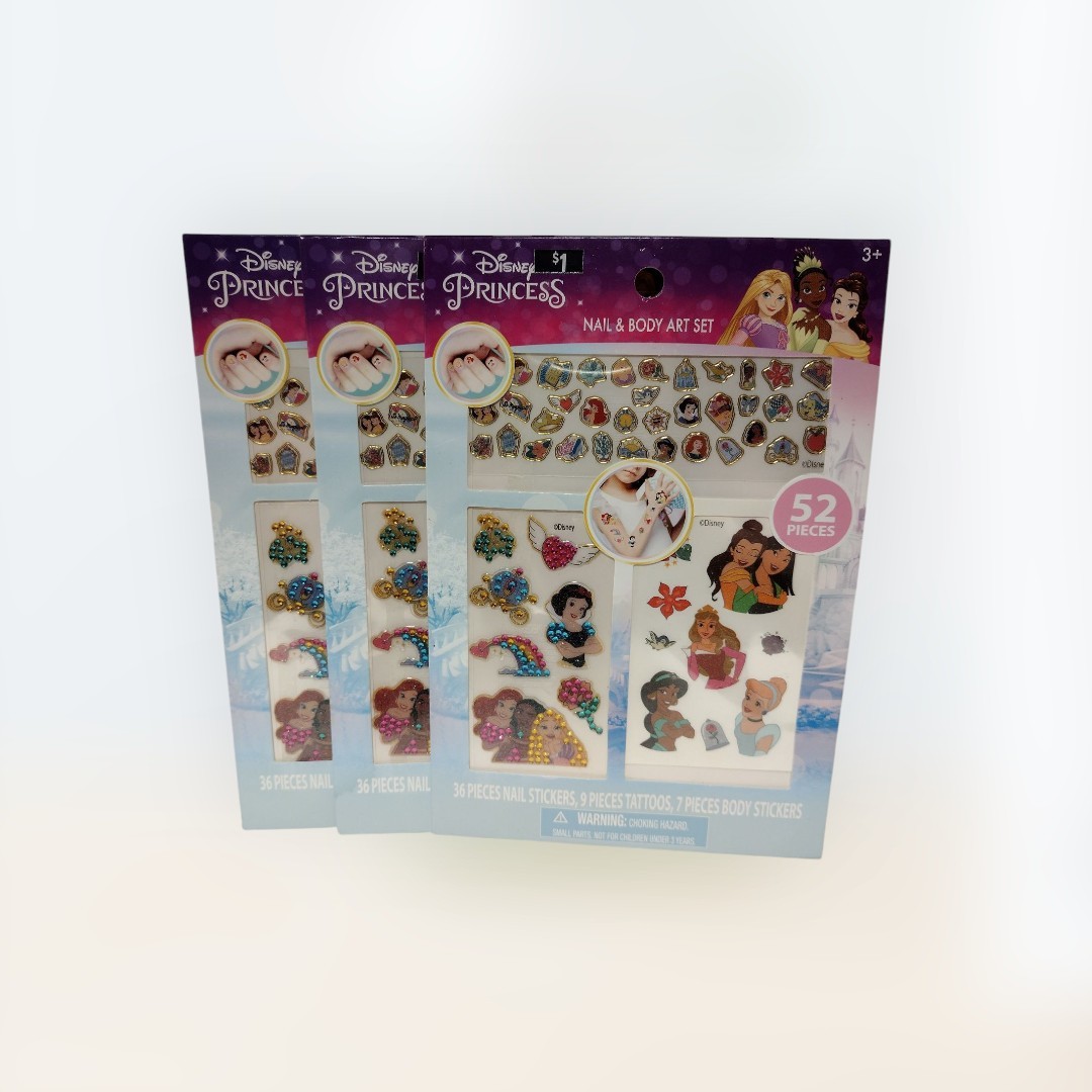 3 Disney Princess Kids Cartoon NAIL BODY STICKER ART SET Temporary Tattoos Decal