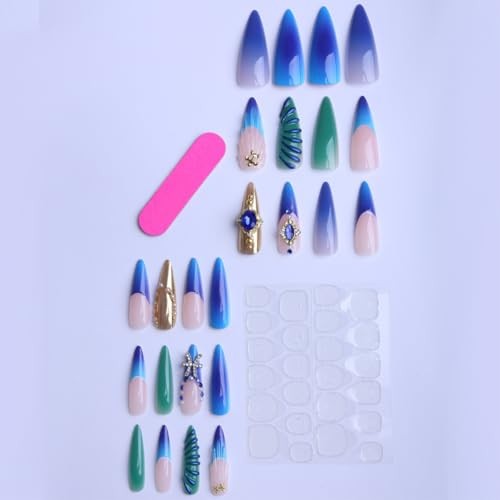 Blue Press on Nails Long Stiletto Fake Nails Ombre blue Ombre diamond Designs