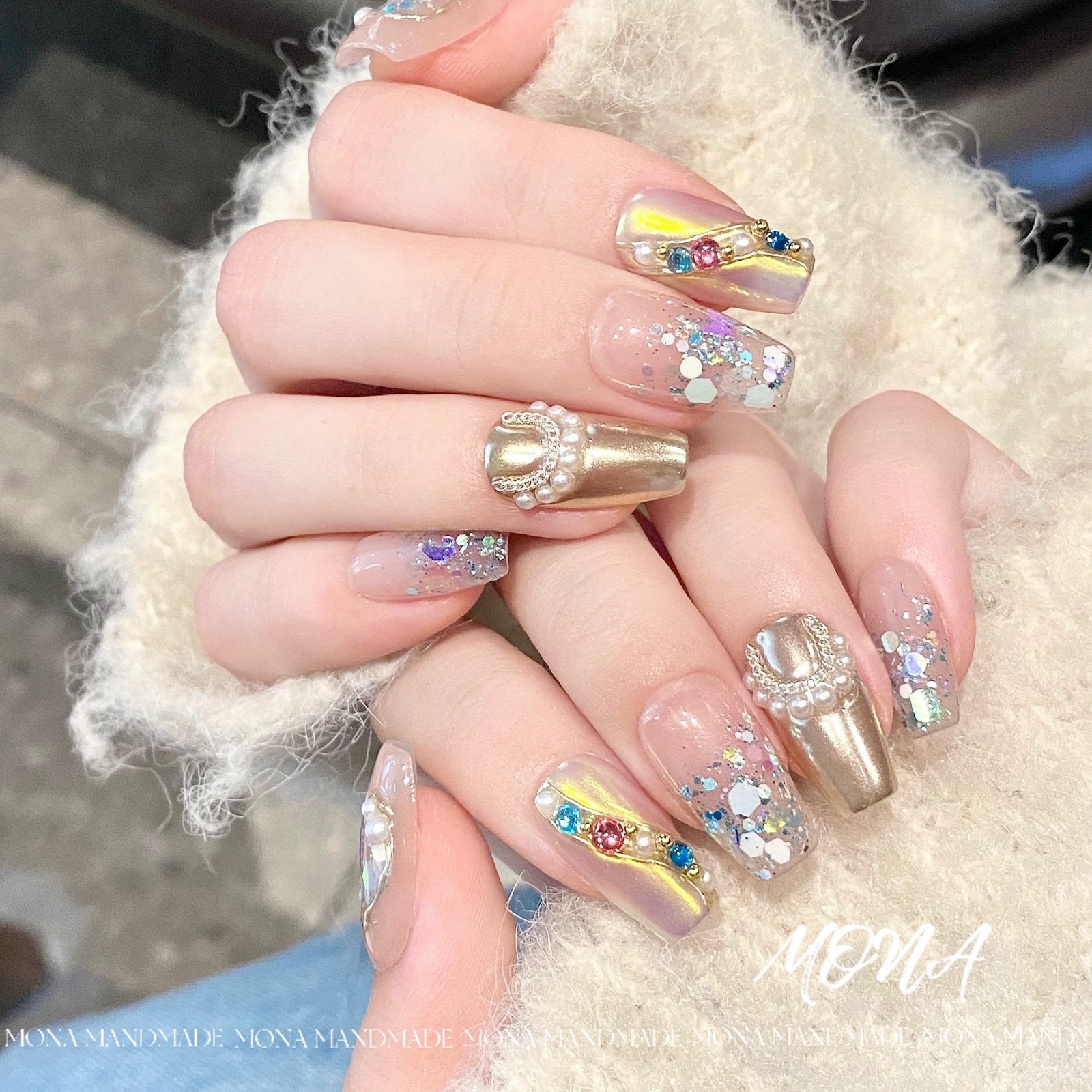 Jewel handmade long press on acrylic nails （small）
