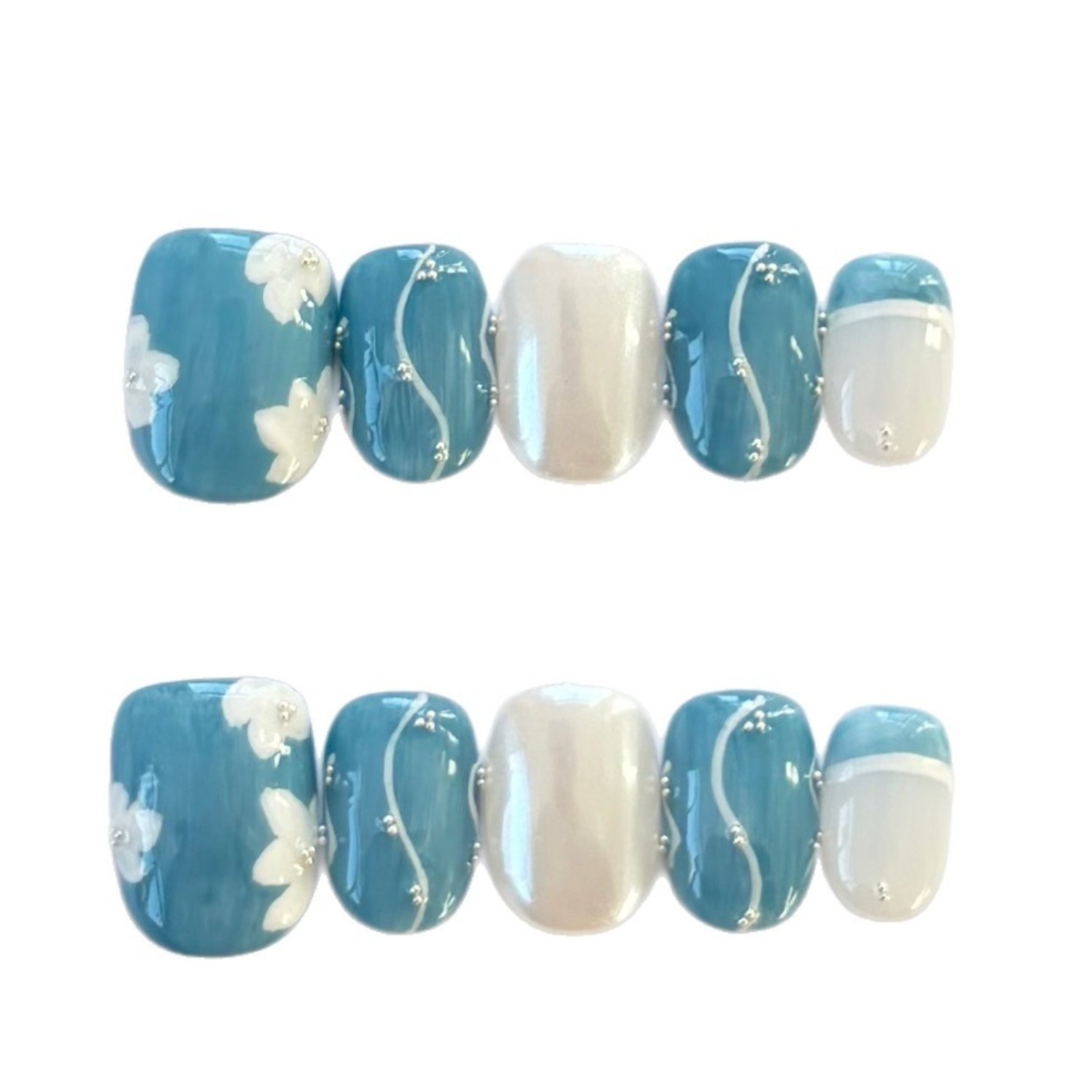 10pcs Blue White Floral Press on Nails Short French Fake Nail Art Tips