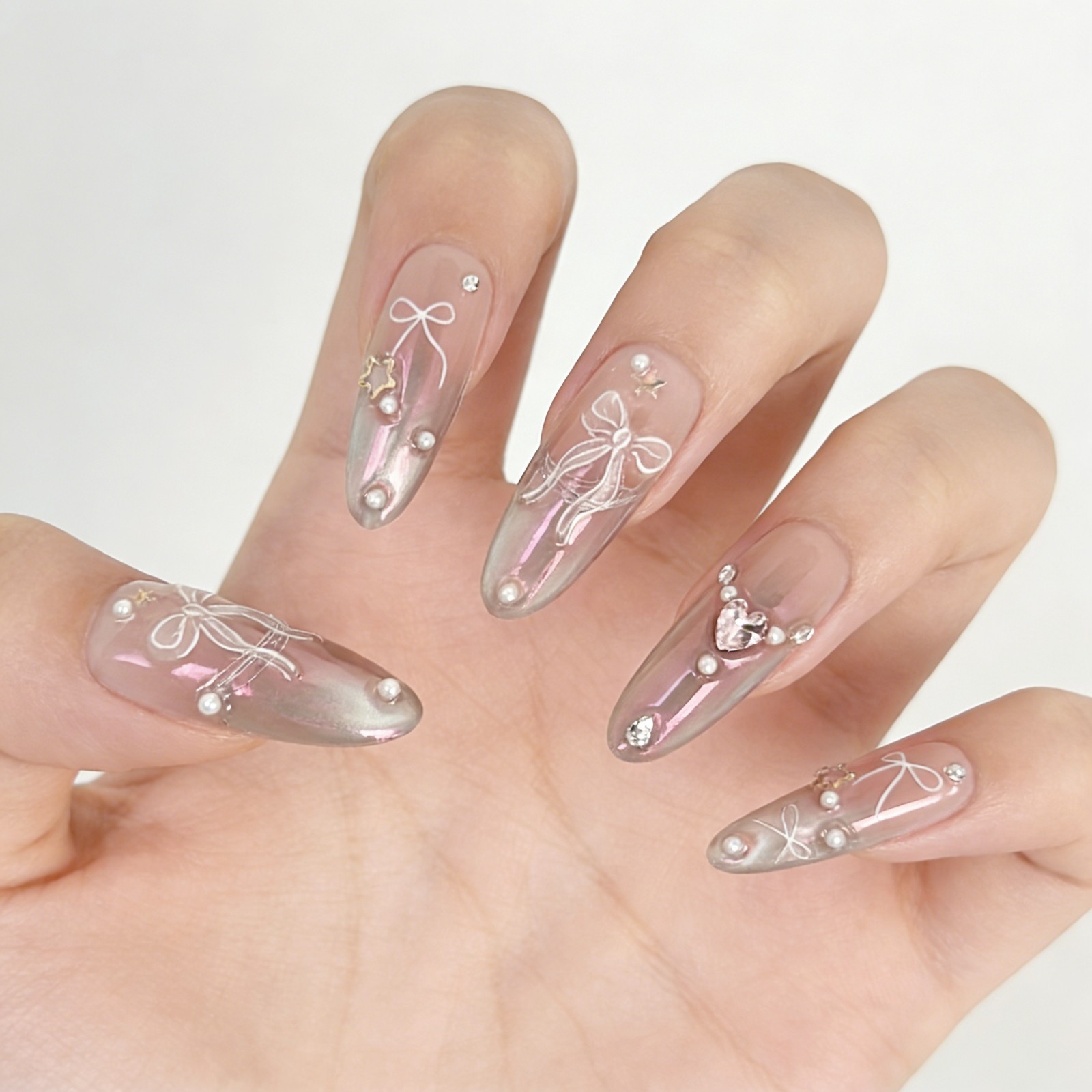 Pink Aurora Bow Press On Nails Almond Pearl Rhinestone Reusable Glue On Set