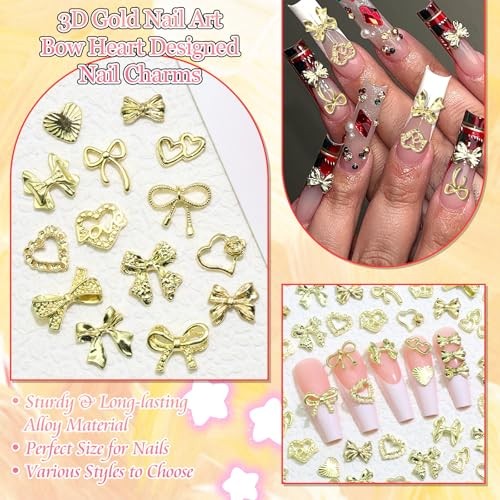 110Pcs Bow Heart Nail Charms Gold 3D Metal Bow Charm for Nails Flatback Heart