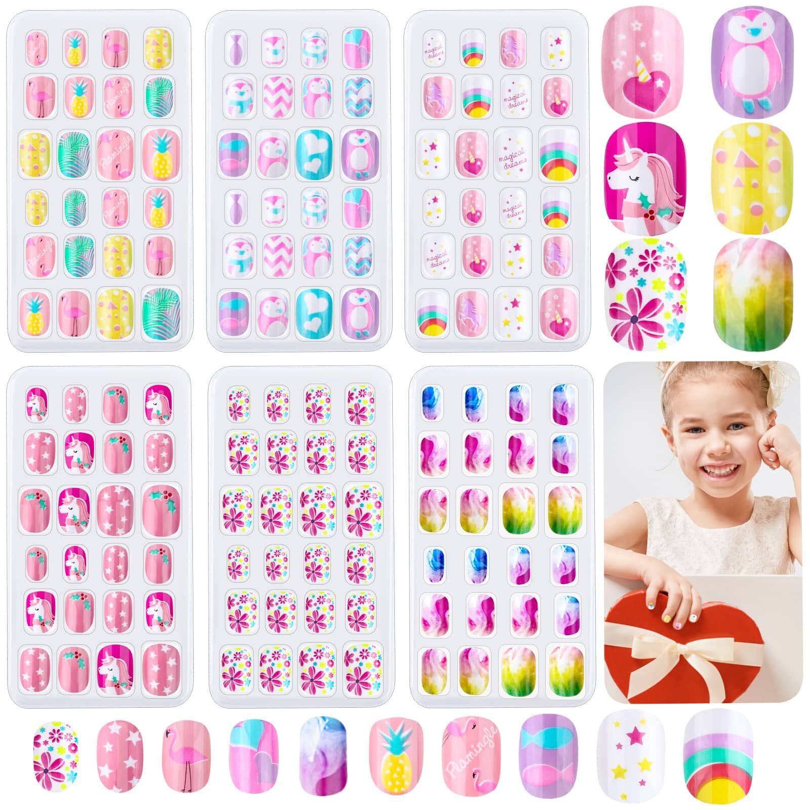 144Pcs False Press On Nails for Kids Self-Adhesive Fake Full Cover Nail Tips