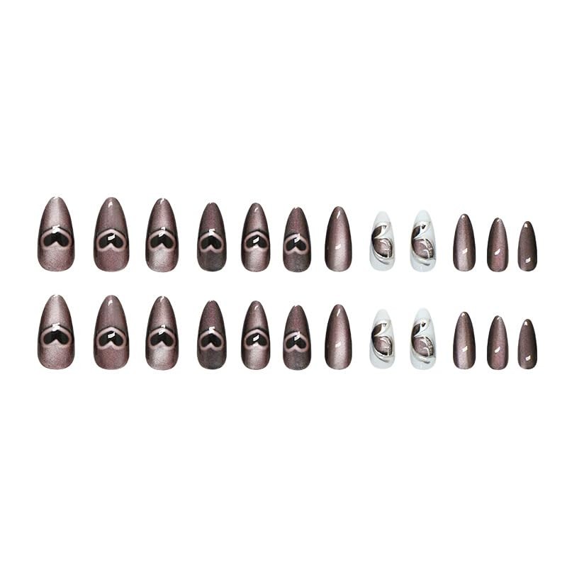 24pcs Heart Bling Press-On Nails Medium Almond Acrylic False Nails with 3D-4