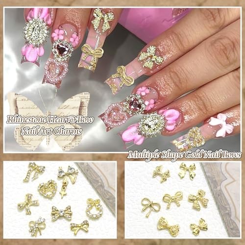 58PCS Bow Nail Charms Gold Charm for Nails Crystal Heart Bowknot Nail Art