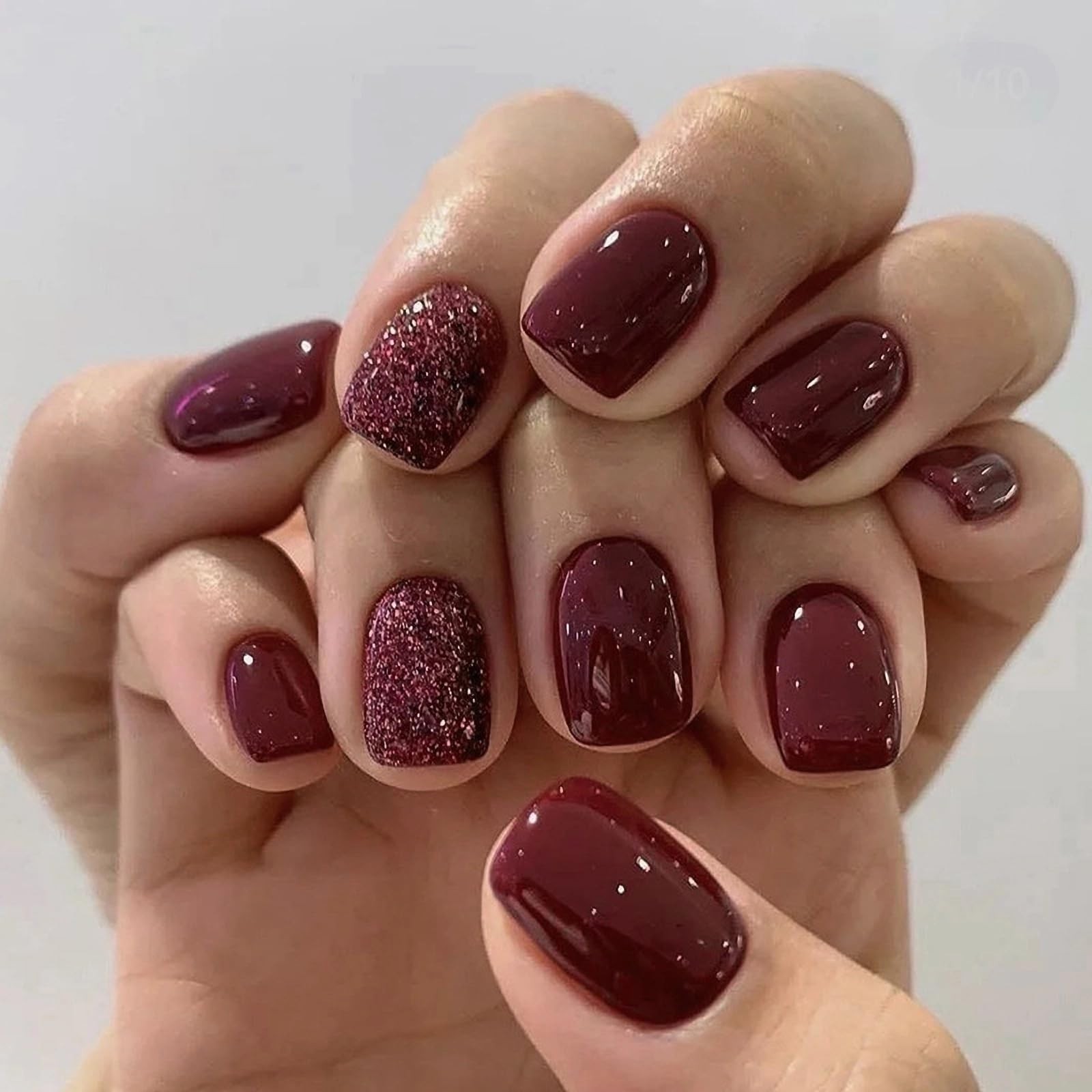 Press on Nails – Short Square Fake Nails with Burgundy, Acrylic Bling Glitter…