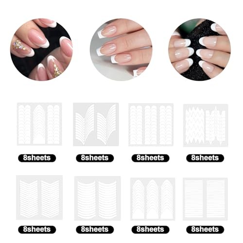 64 Sheets French Tip Nail Guides French Tip Nail Art Stickers Wave Lines Self