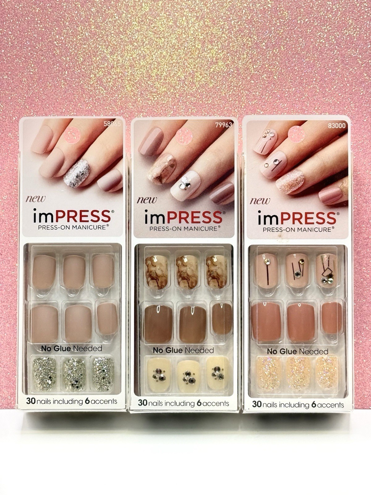 Kiss imPRESS No Glue Press-On Nails Manicure Short Squoval Nude Blush Lot Of 3