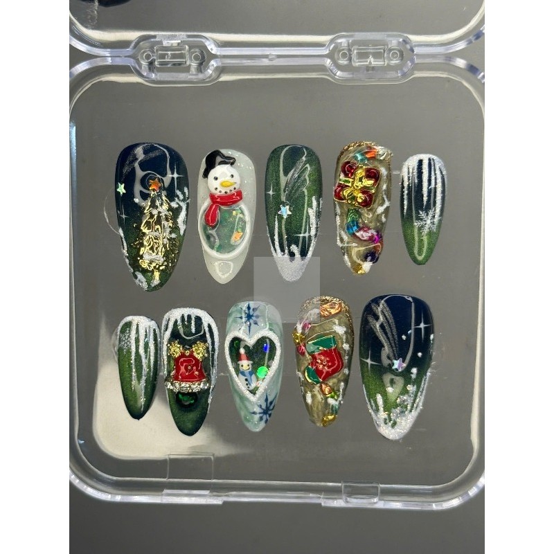 Christmas Handmade Press on Nails Snowman Tree Snowflake Glitter Fake Nails