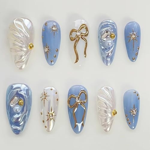 Press on Almond Nails Medium Length Glossy Full Cover Gold Bow Star Beads