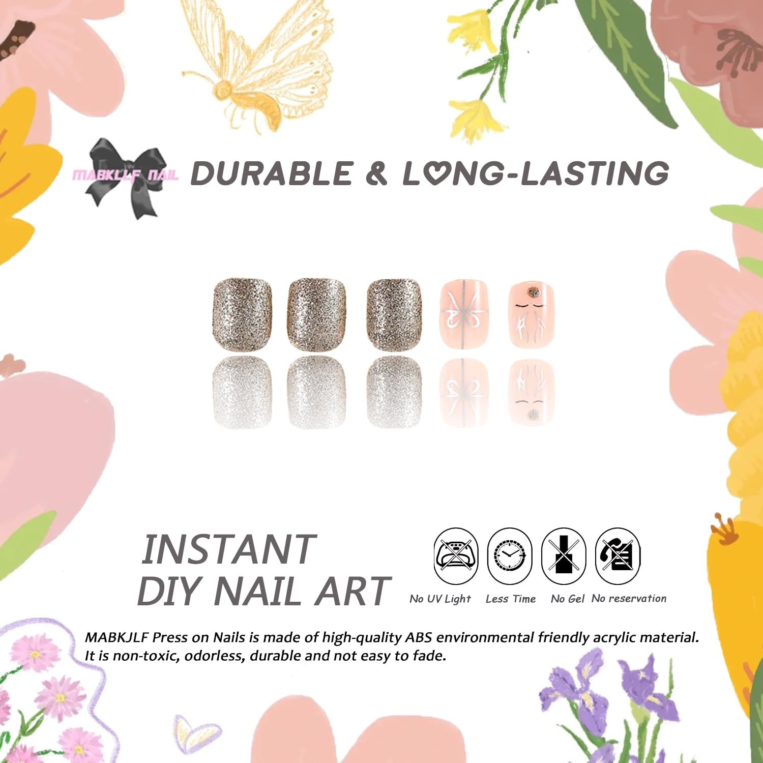 Christmas Press on Nails Short Square French Tip With Designs – Bow Reindeer …