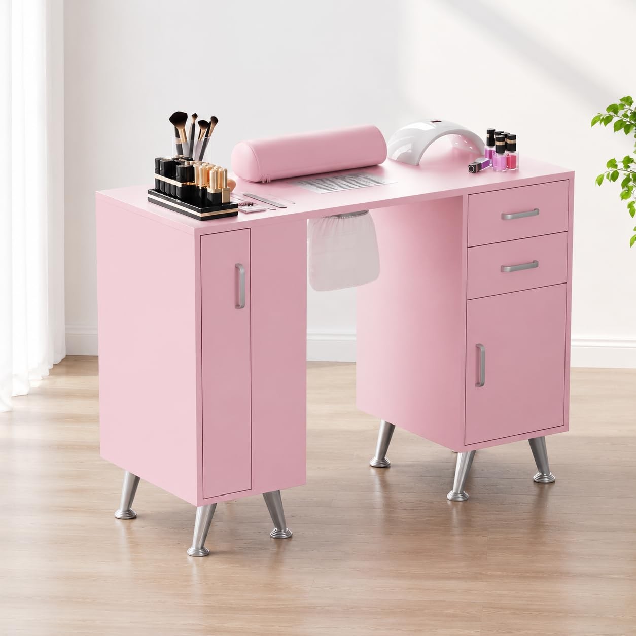 SunnyFurn 42.5” Nail Desk Pink w/ Dust Collector & Storage Drawers