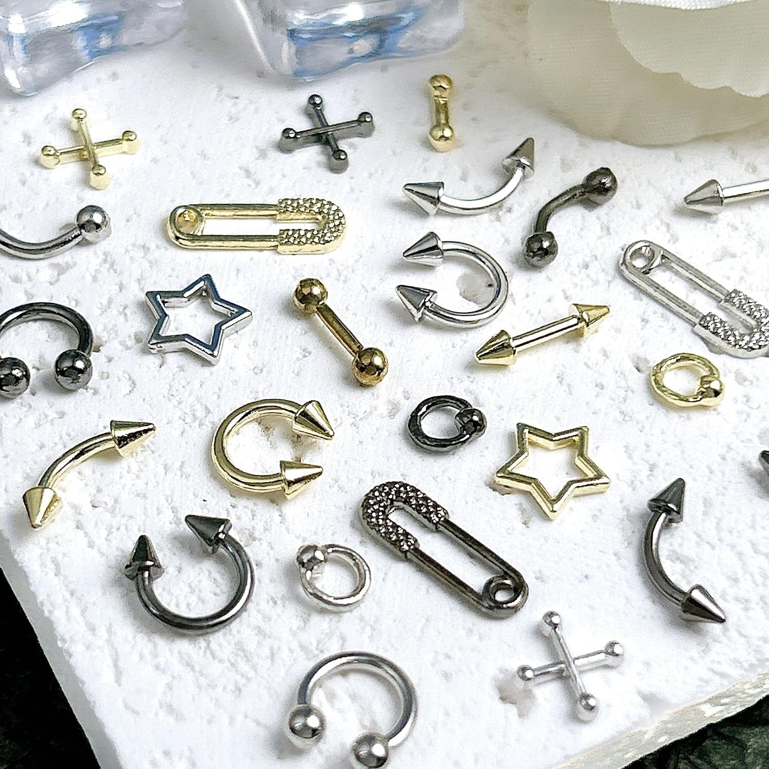 80PCS Metal Piercing Nail Art Charms 3D Gold Silver Alloy Goth Punk Nail