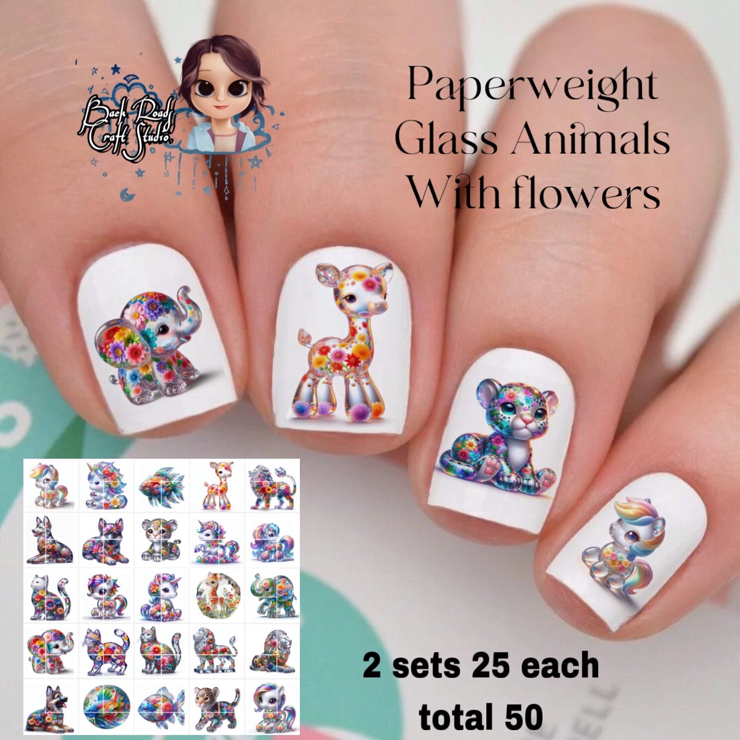 Paperweight Glass Animals With Flowers Waterslide Nail Art Decals Set of 50