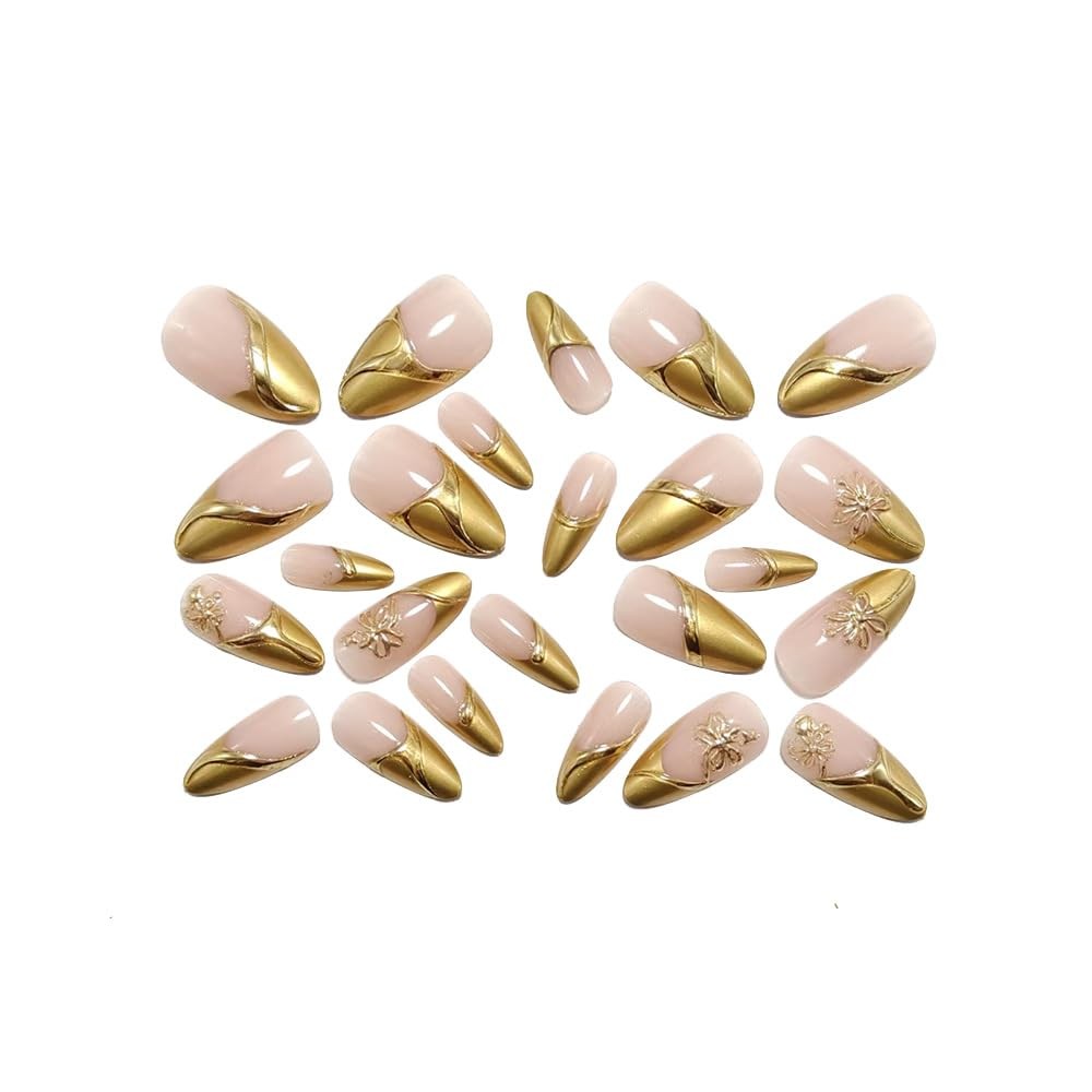 Gold French Tip Press on Nails Medium Almond Fake Almond, Style 1
