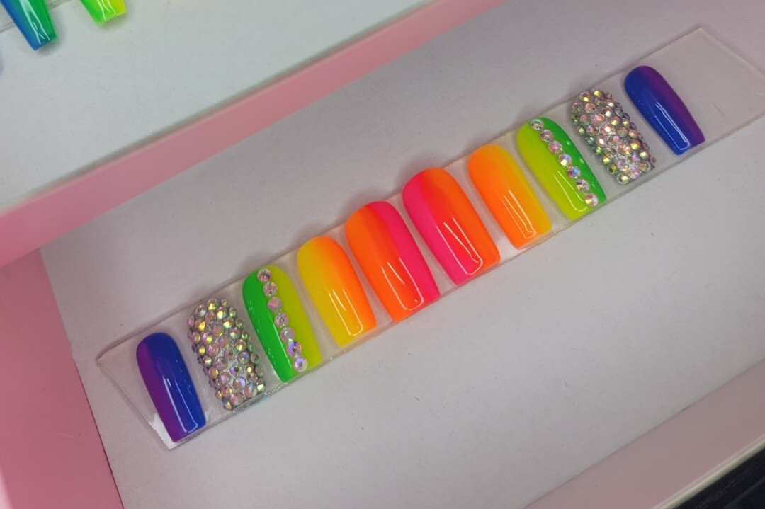 Neon Rainbow ombre nails Press On nails long square pride nails