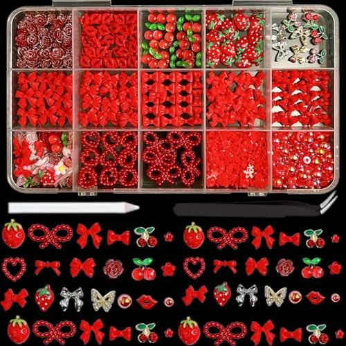 ONPRESS 15 Grids Red 3D Nails Charms Resin Fruit Nail Art Rhinestones Summer