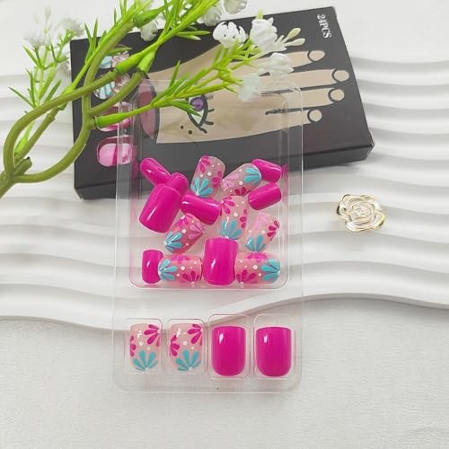 Short Square Fake Nails with Flower Designs – Acrylic Press