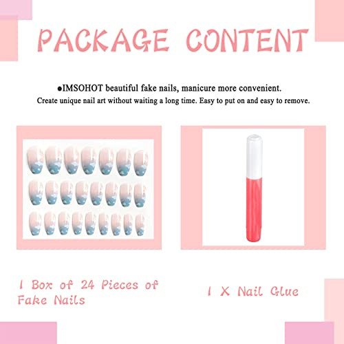 Coffin Press on Nails Medium Blue Gradient Fake Nails Glossy Sky Cloud False