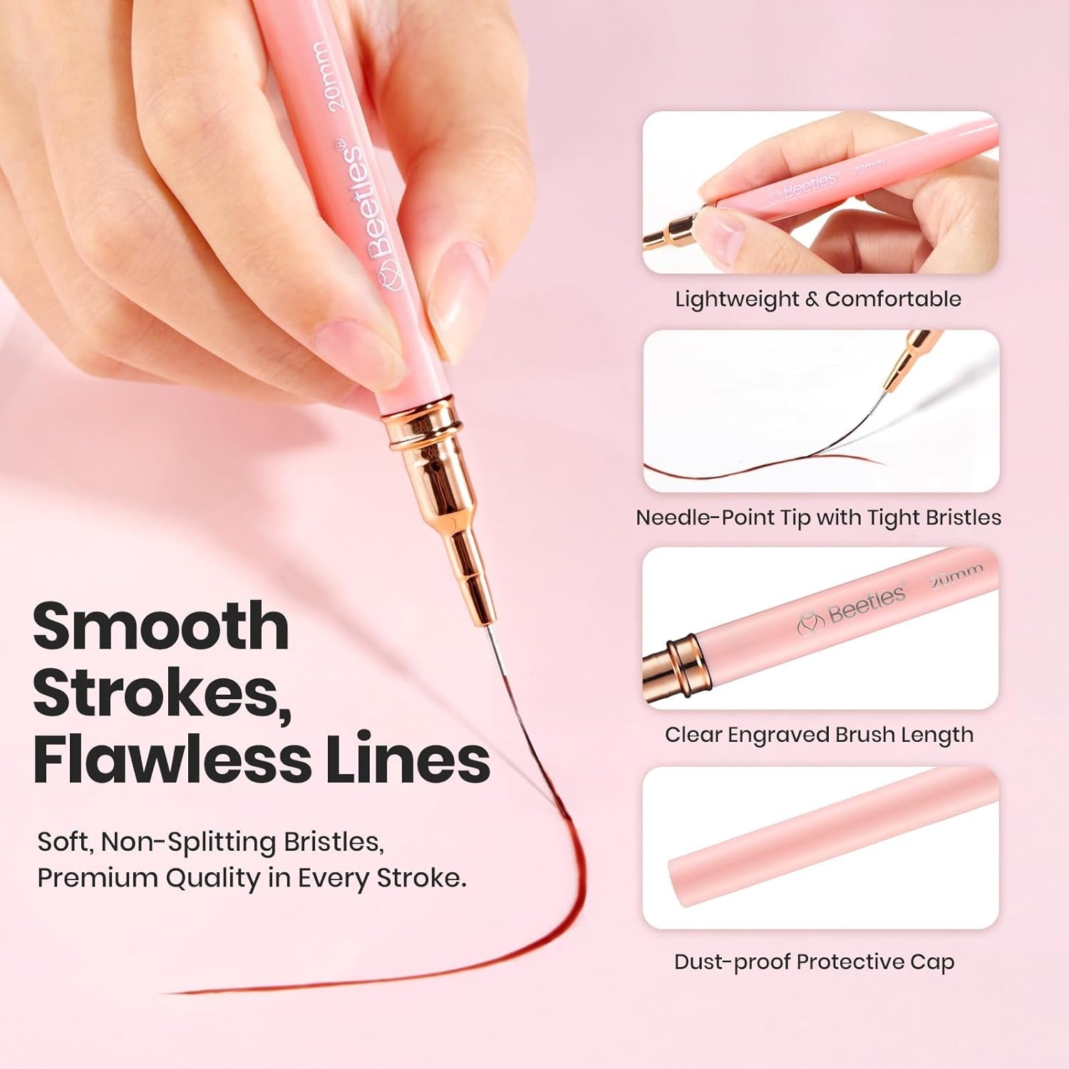 Beetles 5pcs Nail Art Brushes Set for Detailed Designs – Pink Liner Sizes 5-25mm