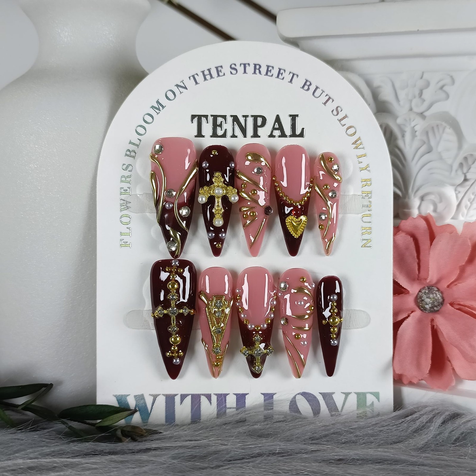 Long Stiletto Press on Nails Wine Red Cross Wave 3D(S)