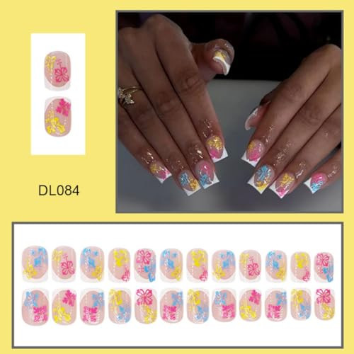 White French Tips Press on Nails Short 1 Fl Oz (Pack of 1) Blue Yellow Pink
