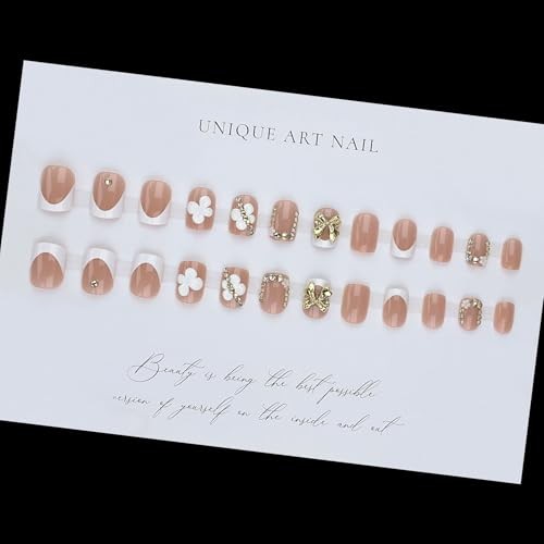 Gold French Tip Press On Nails Short Square Fake Nails 3D Flower short-designs2