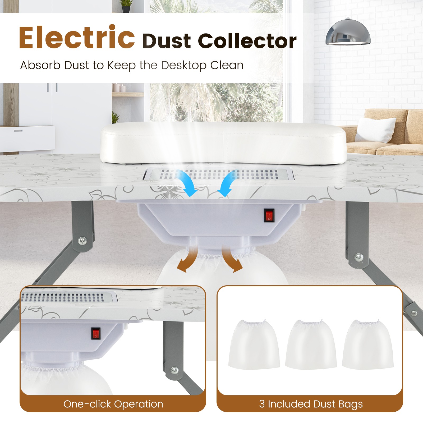 Folding Manicure Nail Table on Wheels w/Soft Wrist Pad & Electric Dust Collector