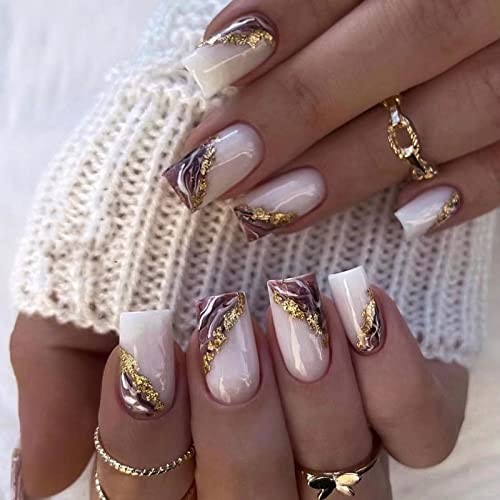 Purple Marbled Square Press on Nails – 24Pcs Medium Glitter Squoval 03V Purple