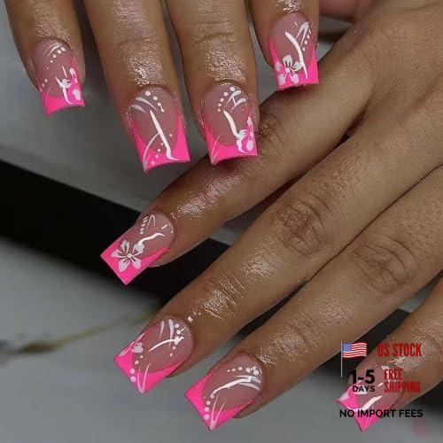 Medium Square Press on Nails – Hot Pink French Tip Glue ons Flower 21205 Pink