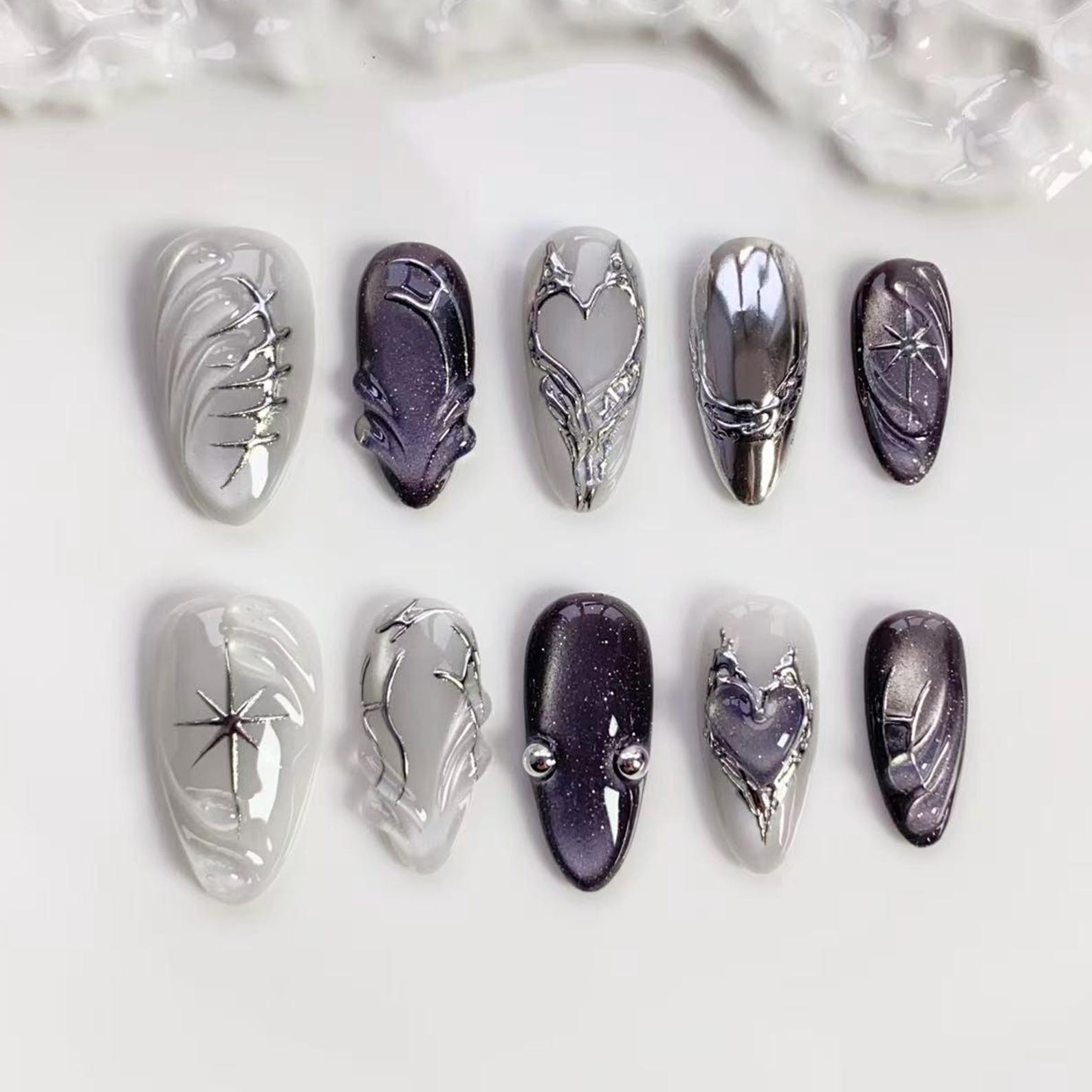 Handmade Dark Purple Silver Metal Heart Star Medium Almond Press on Nails