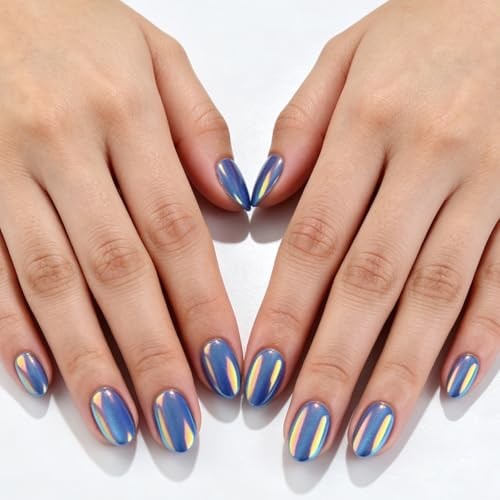 32Pcs Chrome Press on Nails Short Almond Fake Nails Blue Cat Eye False Style 3