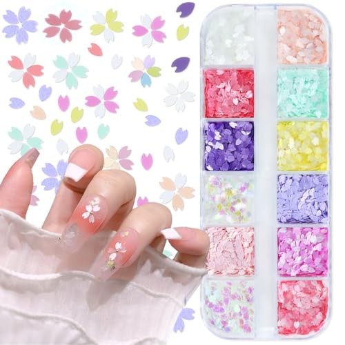 12 Colors Flowers Nail Art Glitter Sequins Cherry Blossoms Nails 12 colors