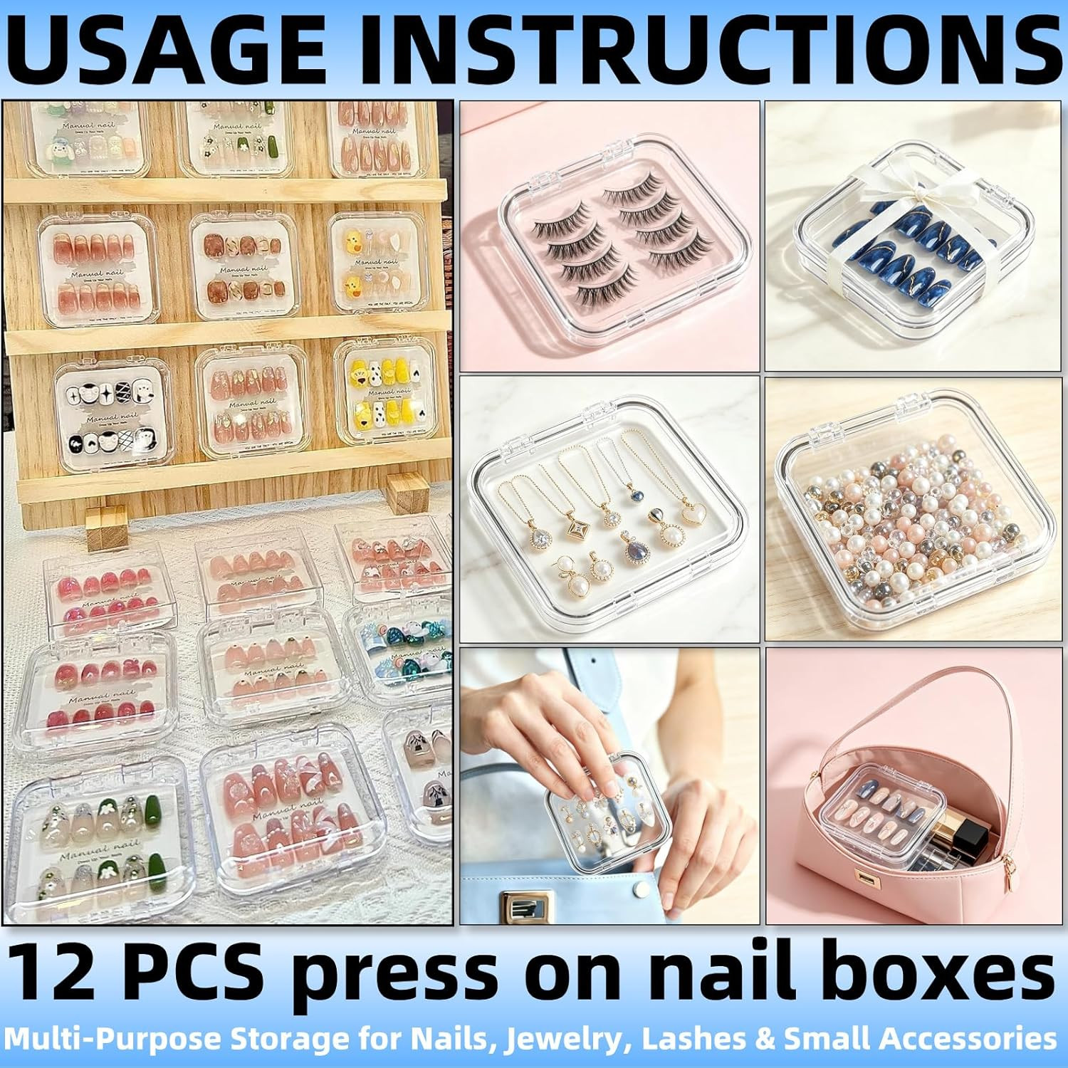 12 Pcs Clear Acrylic Press on Nail Storage Box with 30 Pcs Adhesive Double Sided