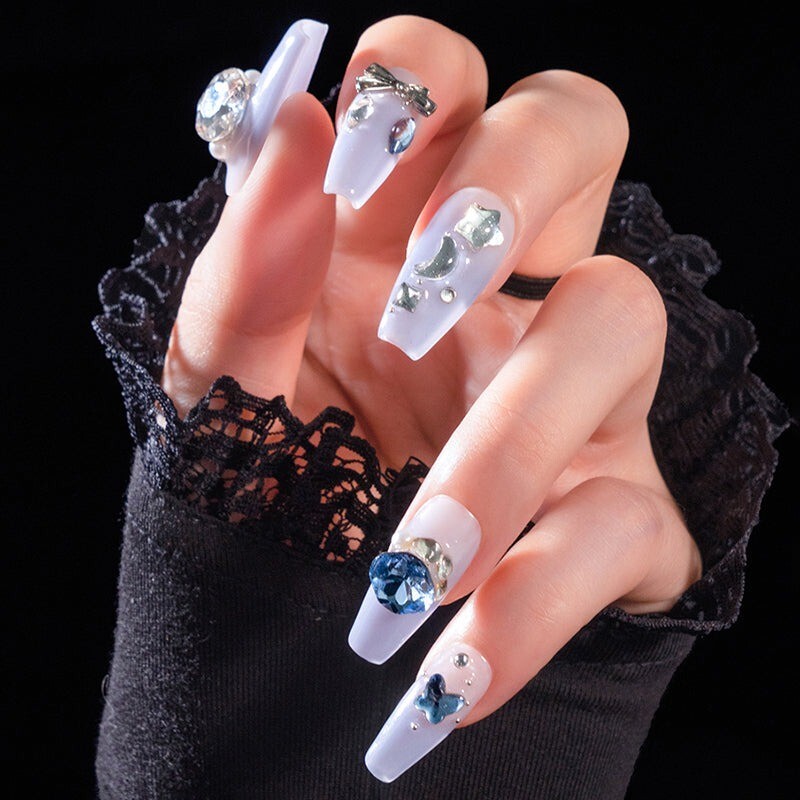 10 Piece 3D Reusable Handmade Press On Nails Aquamarine Style