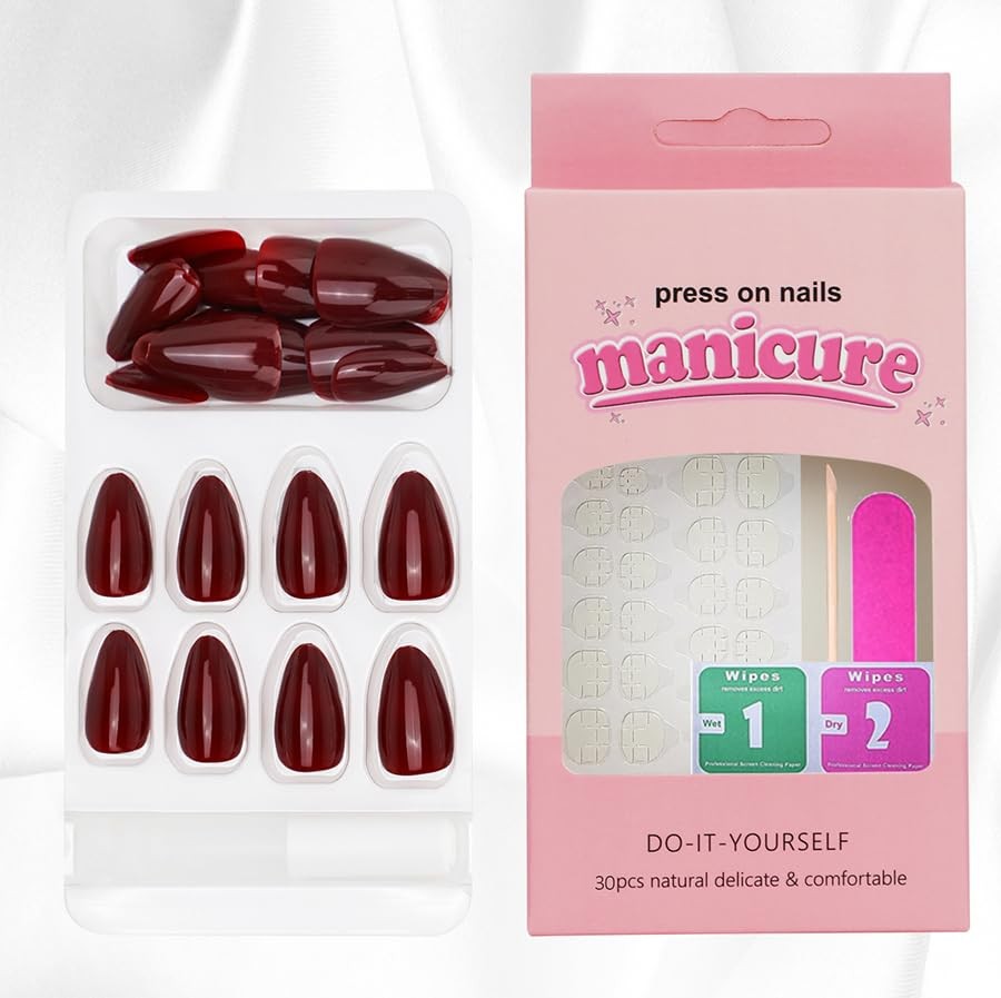 Dark Red Short Almond Press On Nails | 15 Sizes – 30 Nail Kit Merlot