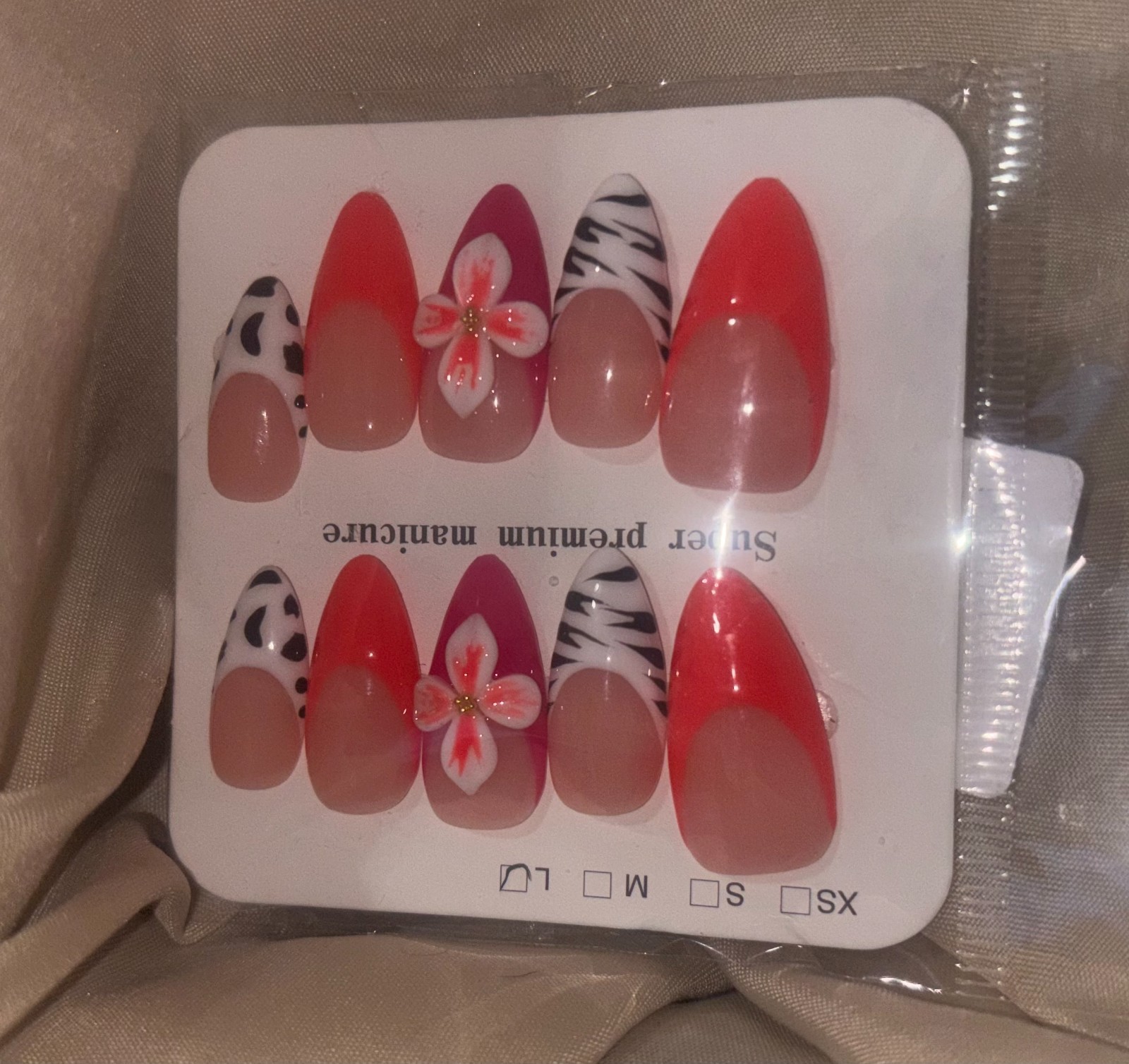 Animal Print French Tip Press On Nails Red 3D Flower Trendy Almond Fake Nails