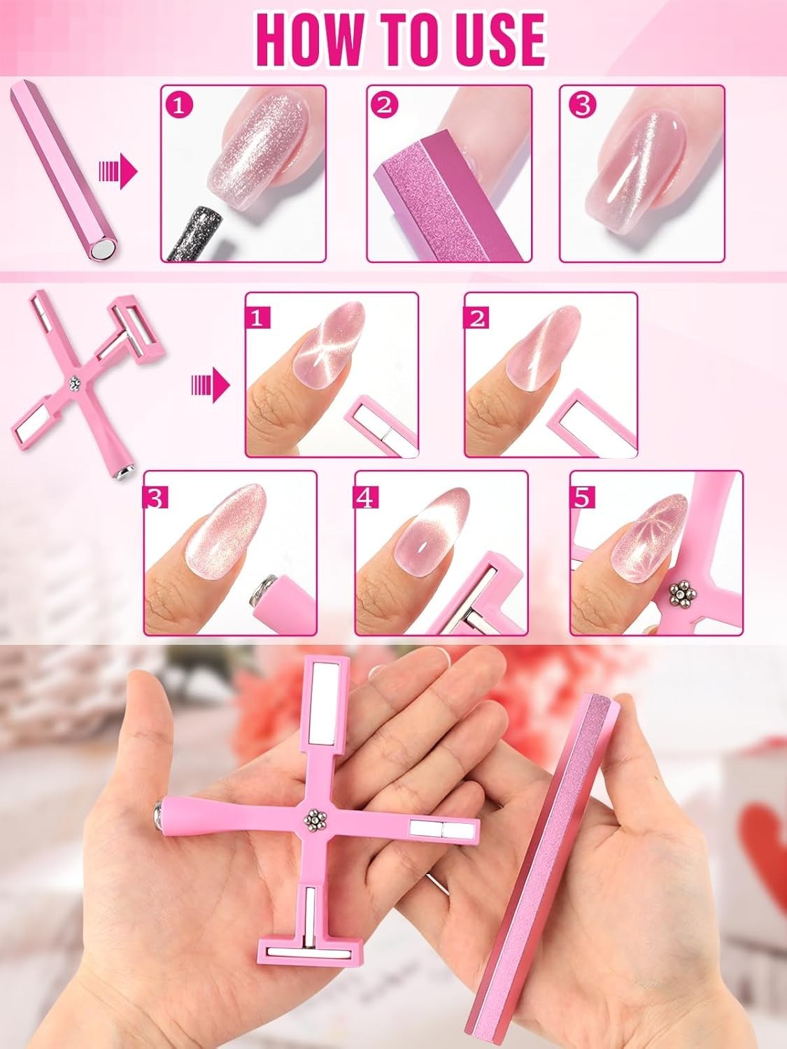 Professional 5-in-1 Cat Eye Magnetic Nail Art Tool – Lightweight & Stylish Pink