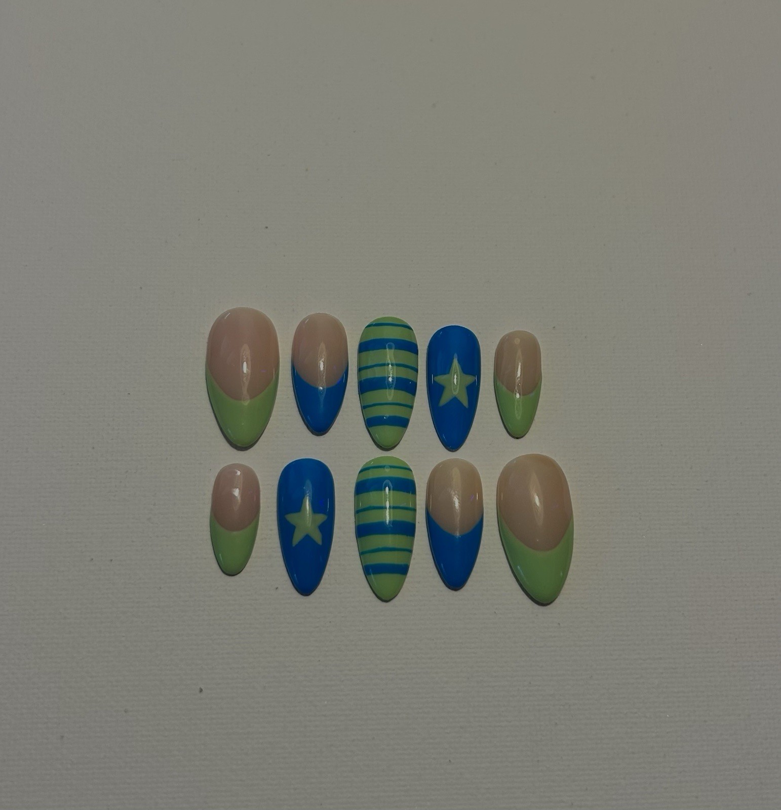 Handmade Medium Almond Press-On Nails Blue Green Set