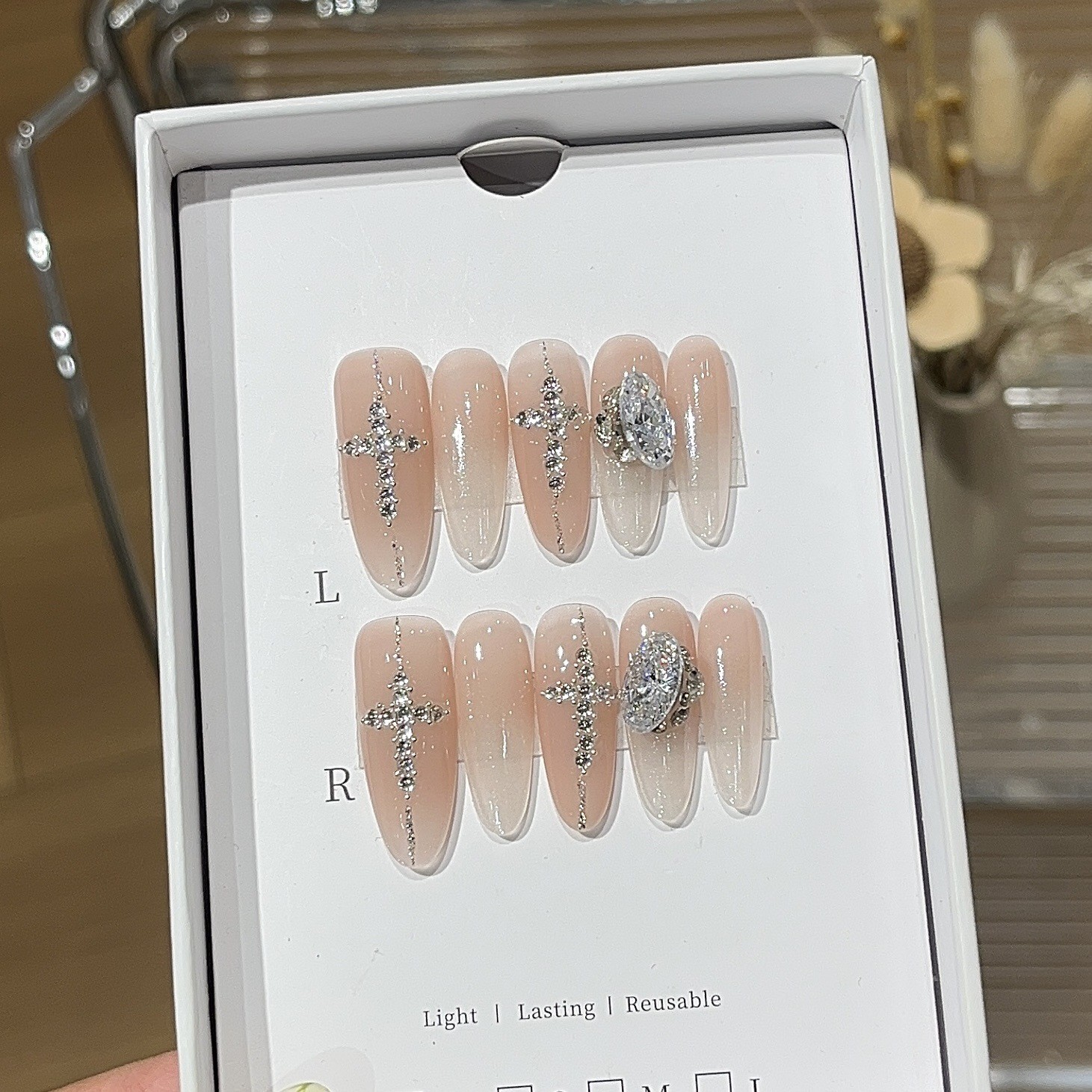 10Pcs Handmade Milky White Gradient Nails Cross Zircon Bridal Dating Style