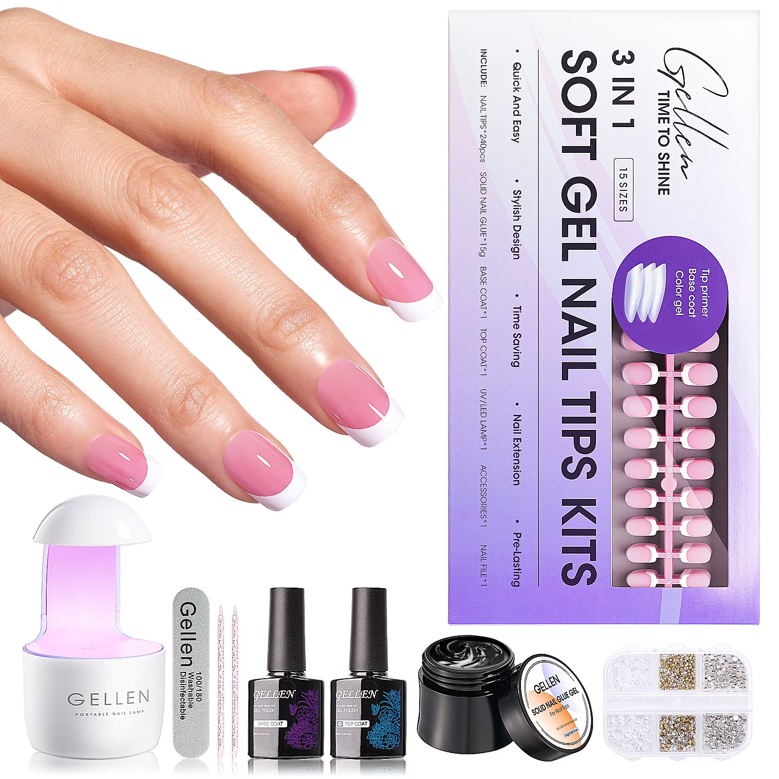 French Tips Gel Nail Kit – 240 Pcs Pink Short Square, Salon Acrylic Fake Nail Ki