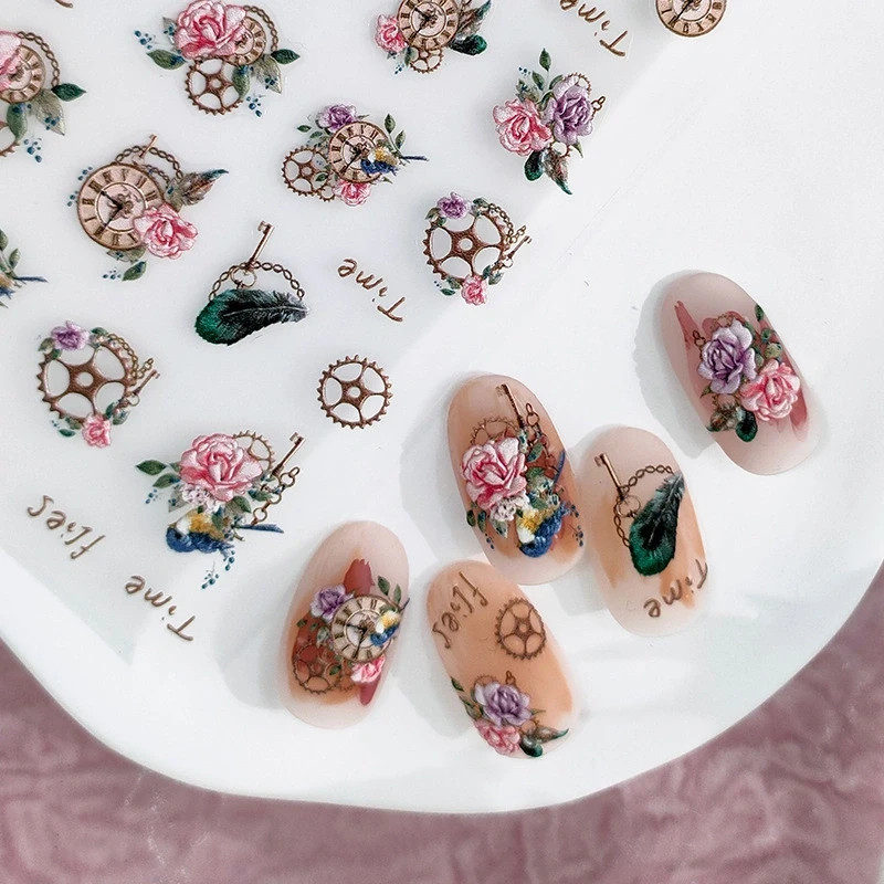 Vintage Clock & Rose Nail Stickers – Time Flies Gear and Bird Designs (53)