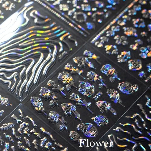 60 Sheets Holographic Nail Art Stickers for Girls Women’s Laser Aurora Silver