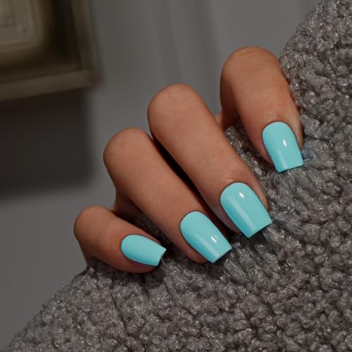 Teal Blue Press On Nails Medium Square – Acrylic Press On Nails teal blue