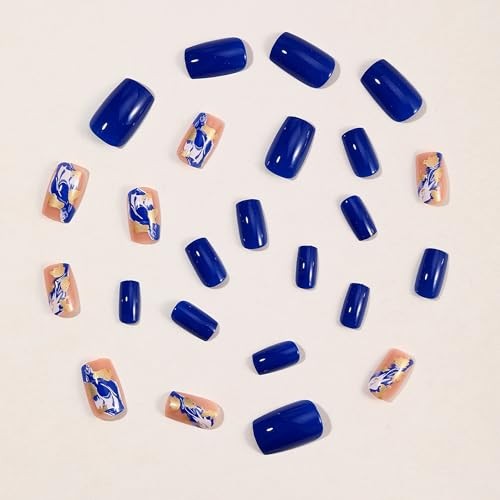 Square Press on Nails Medium – Royal Blue Glue Ons – Ink Design – Gold