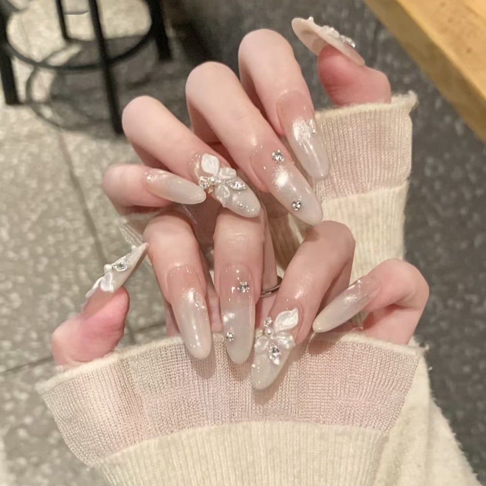 Cat Eye Gradient Press On Nails Featuring Pear Blossom Glitter Accents